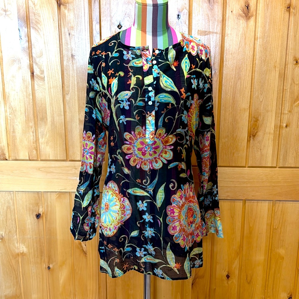 Athleta Cotton/Silk Floral Medium Cover Up Top Blouse